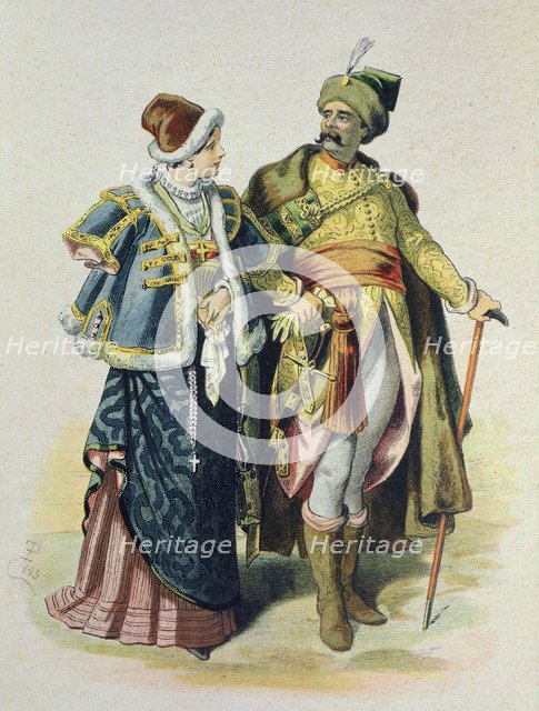Costumes worn by the Polish nobility in the 17th century, drawing, 1885.