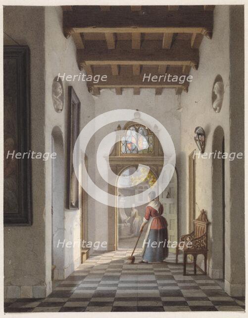 Maid sweeping the hallway of a house, 1837. Creator: Louis Henri de Fontenay.