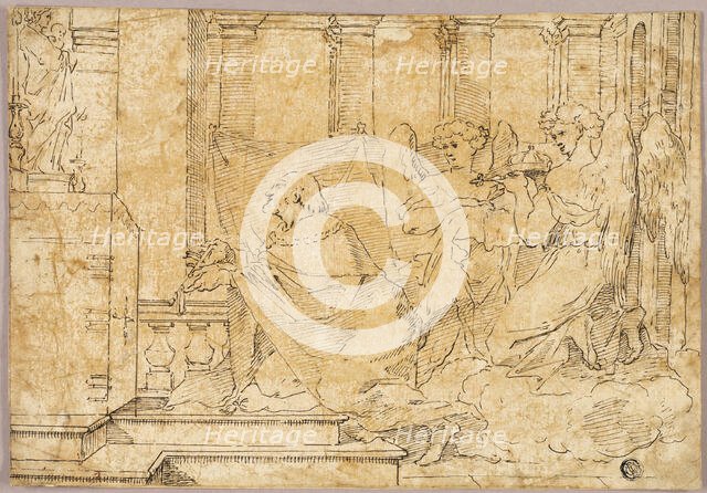 Saint Kneeling before Altar with Statue of Madonna and Child, n.d. Creator: Unknown.