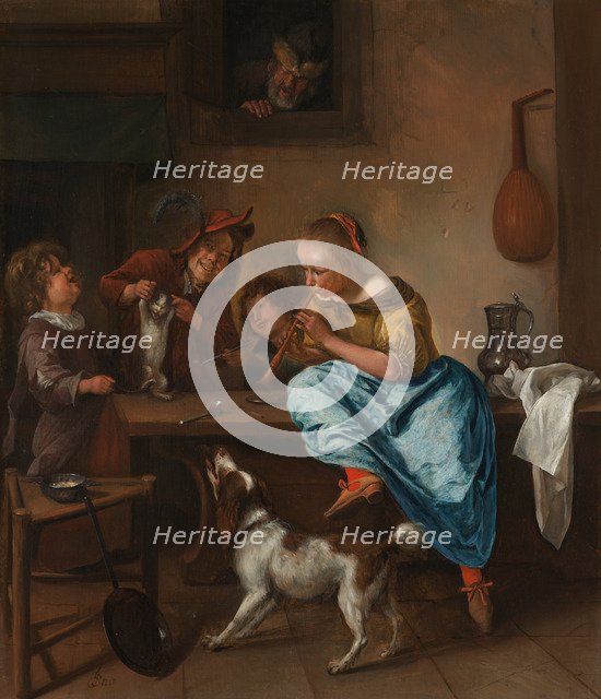 Children teaching a Cat to dance (The Dancing Lesson), Between 1660 and 1670. Artist: Steen, Jan Havicksz (1626-1679)