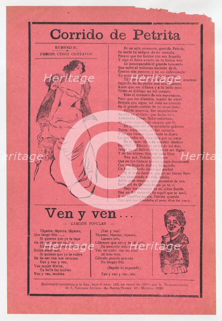 Broadsheet with two different love songs, woman wearing an evening gown si..., ca. 1918 (published). Creator: José Guadalupe Posada.