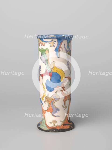 Vase, cylindrical, polychrome painted with watercolour, c.1920-c.1922. Creator: Plateelbakkerij Zuid-Holland.