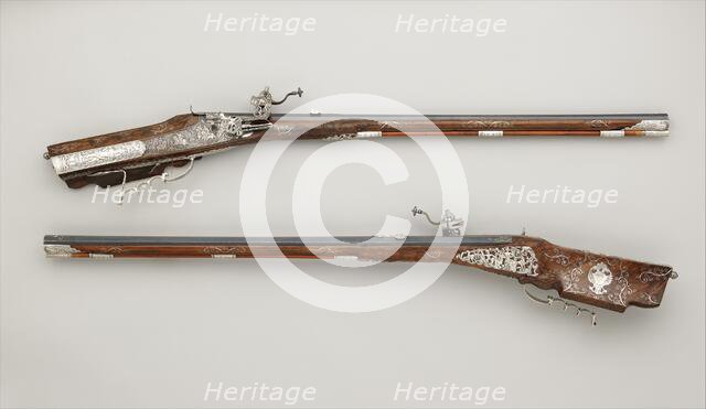 Pair of Wheellock Rifles Made for Emperor Leopold I (1640-1705), Bohemian, Prague, c1670-80. Creator: Caspar Neireiter.