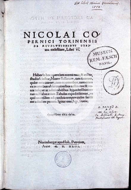 Title page of Copernicus' De revolutionibus orbium coelestium, 1543. Artist: Unknown