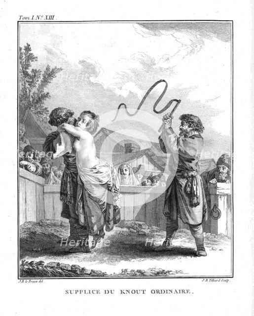 Punishment of Natalia Fyodorovna Lopukhina with an ordinary knout. From Voyage en Sibérie, 1766. Artist: Le Prince, Jean-Baptiste (1734-1781)