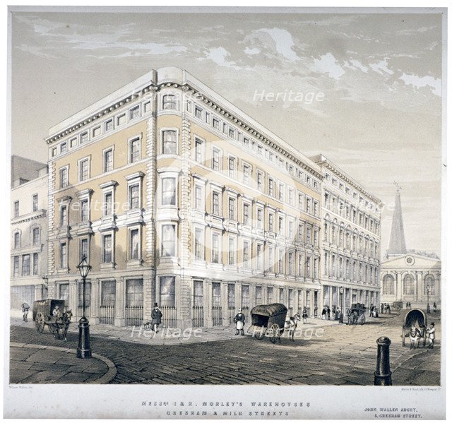 Messrs J&R Morley's warehouses, corner of Milk Street and Gresham Street, London, c1840. Artist: Martin & Hood