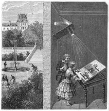 Children watching an outdoor scene through a camera obscura, 1887. Artist: Unknown