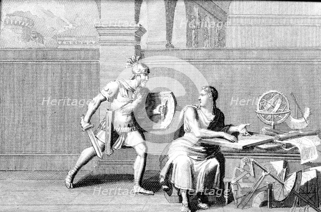 Death of Archimedes, killed by a Roman soldier during the assault on Syracuse, engraving of 1830,…