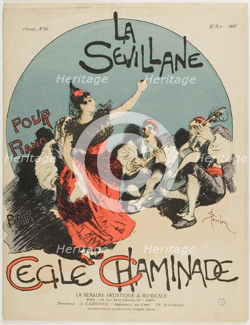 Overture for The Woman from Seville, for Piano, by Cecile Chaminade, published May 18, 1889. Creator: Theophile Alexandre Steinlen.