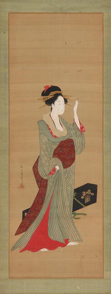 A geisha about to adjust a tortoise-shell hairpin, late 18th century. Creator: Hosoda Eishi.