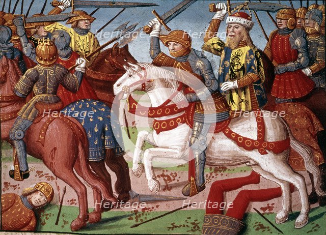 Charlemagne leading his troops in a battle against the Saracens in Spain. (780). Miniature in the…