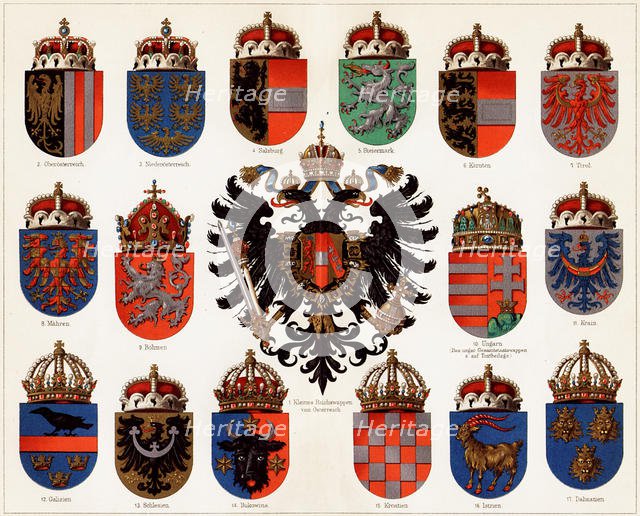 Coats of arms of Counties of Austria-Hungary and small Austrian national coat of arms, c. 1907. Creator: Anonymous.