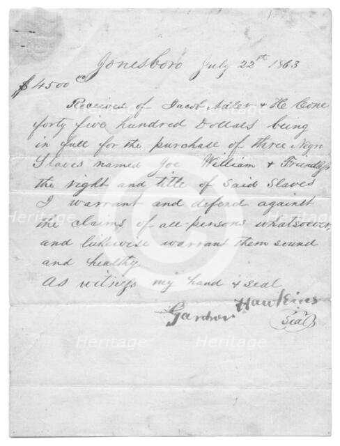 Bill of sale for 3 slaves sold to Jacob Adler in Jonesboro for $4500, 1863-07-25. Creator: Unknown.