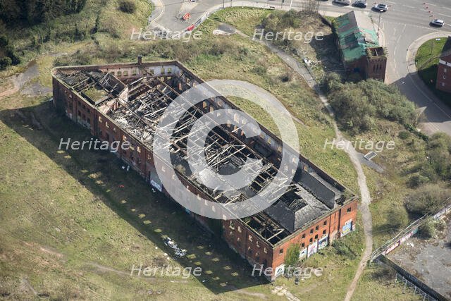 Fire damaged warehouse at Friar Gate Goods Yard, City of Derby, 2021. Creator: Damian Grady.