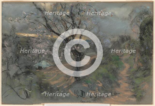 A Hillside Path with Blooming Cherry Trees under an Overcast Sky, 1905. Creator: Francesco Paolo Michetti.