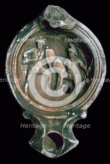 Roman clay lamp decorated with gladiators, 3rd century. Artist: Unknown
