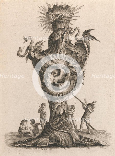 Design for a large Vase representing 'Fire', Plate 6 from: 'Neu inventierte..., Printed ca. 1750-56. Creator: Jacob Gottlieb Thelot.