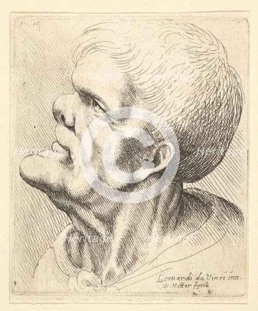 Head of a man with protruding chin and snub nose looking upwards in profile to left, 1625-77. Creator: Wenceslaus Hollar.