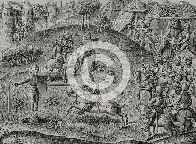Exercise of quintain, mid 15th century, (1877). Creator: Unknown.