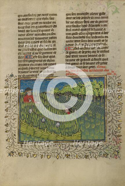 Hunters with Bells Driving Hares into a Net; Livre de la Chasse, about 1430-1440. Creator: Unknown.