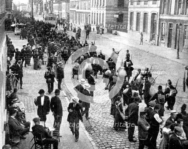 A Belgian regiment retreats to Antwerp, First World War, 1914. Artist: Unknown