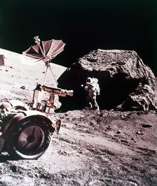 Astronaut with Lunar Roving Vehicle on the Moon, 1970s. Creator: NASA.