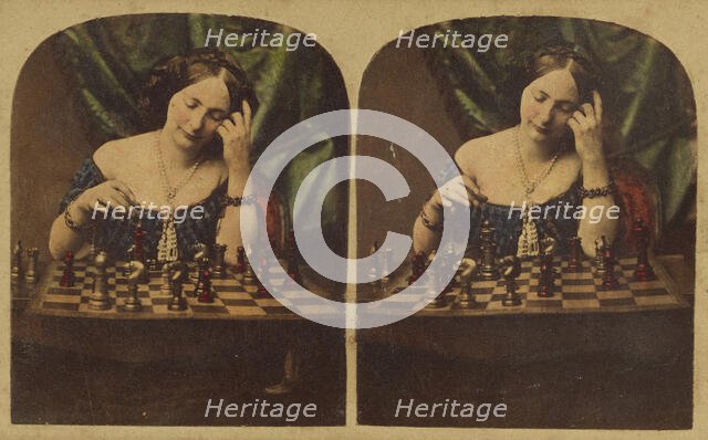 Woman playing chess by herself, about 1860. Creator: Ledot.