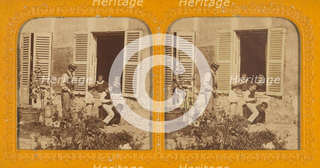 Three children playing leap frog, man behind them, two children observing from an open...1855-1860. Creator: Unknown.