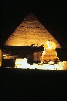 Pyramid of Khafre and the Great Sphinx at night, Gizeh, Egypt. Artist: Unknown