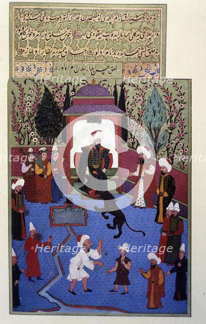 Osman I, a lion brought by a tamer licks his boots, Turkish miniature in the 'Book...(1584 - 1589). Creator: Unknown.