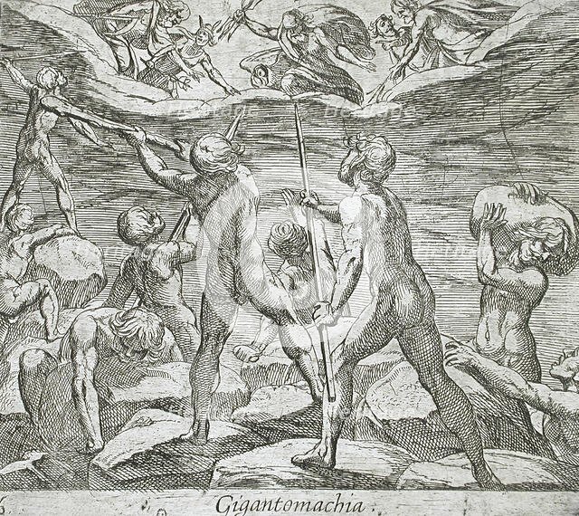 The Giants Attempting to Storm Olympus, published 1606. Creators: Antonio Tempesta, Wilhelm Janson.