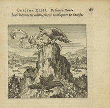 Emblem 43. Listen to the talking vulture, who in no way deceives you, 1816. Creator: Merian, Matthäus, the Elder (1593-1650).