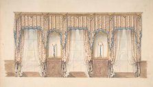 Design for Pink, Gold, Blue and White Curtains with Blue Fringes and a Gold..., early 19th cent. Creator: Anon.