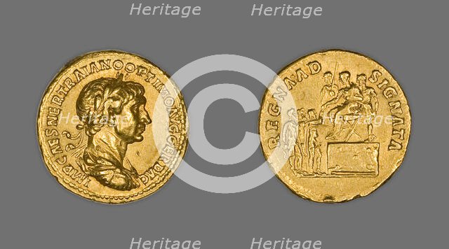 Aureus (Coin) Portraying Emperor Trajan, 114-115, issued by Trajan. Creator: Unknown.