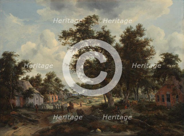 A Wooded Landscape with Travellers on a Path through a Hamlet, about 1665. Creators: Meindert Hobbema, Abraham Storck.