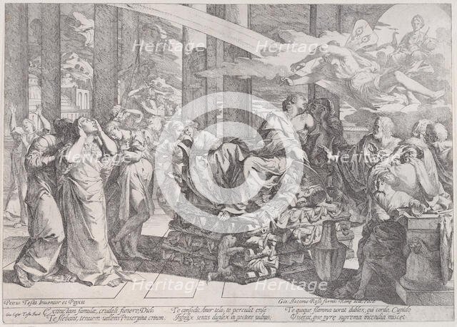 The suicide of Dido who reclines on a pyre in centre, surrounded by many figures, 1650-55. Creator: Giovanni Cesare Testa.