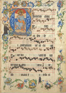 Bifolium with Christ in Majesty in an Initial A, from an Antiphonary, ca. 1405. Creator: Unknown.