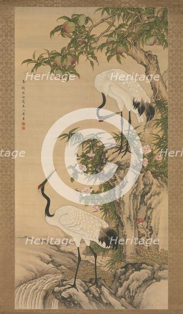 Cranes, Peach Tree, and Chinese Roses, early 18th century. Creator: After Shen Quan (Chinese, 1682-after 1762).