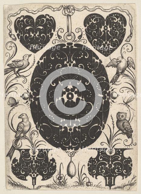 Oval Pendant Decorated with Schweifwerk, Surrounded by Smaller Motifs and Four Birds, ca. 1614-19. Creator: Jacques Hurtu.