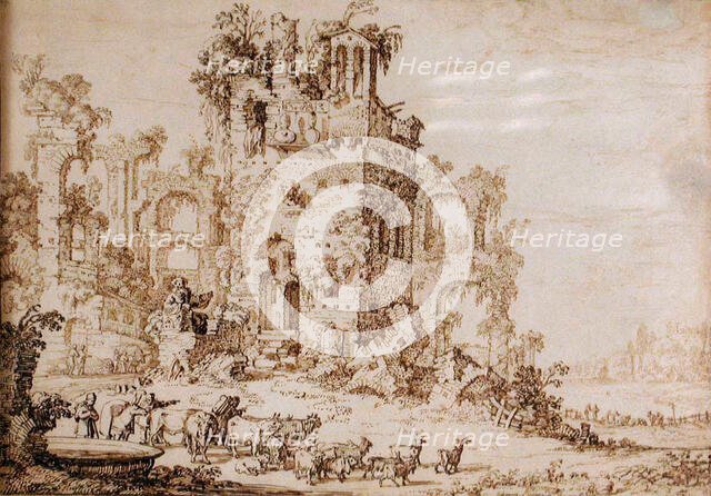 Landscape with Figures and Classical Ruins, c1670s. Creator: Jan Moninckx.