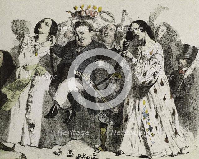 Honoré de Balzac, the most prolific of our authors, supported and crowned by women, 1839. Creator: Grandville, Jean-Jacques (1803-1847).