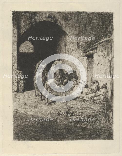 Guards on horseback at the entrance to the Kasbah in Tetuan, figures sitting on the gro, ca. 1873. Creator: Mariano Jose Maria Bernardo Fortuny y Carbo.