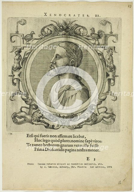 Portrait of Xenocrates, published 1574. Creators: Unknown, Johannes Sambucus.