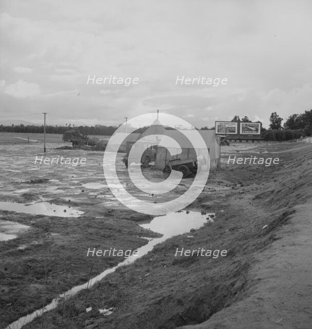 Winter quarters, migratory agricultural workers, beside the highway, Tulare County, 1939. Creator: Dorothea Lange.