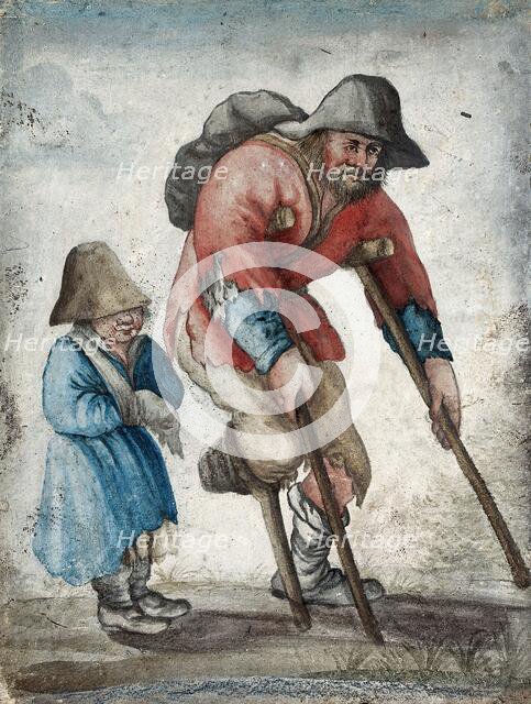 A one-legged man in rags moving with the aid of crutches is accompanied by a child with a band... Creator: Unknown.