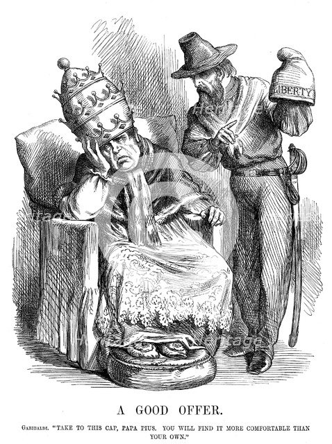 Giuseppe Garibaldi trying to persuade Pope Pius IX, 1860. Artist: John Tenniel