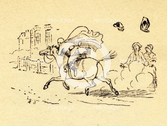 John Gilpin's horse bolts, and his hat and wig blow off, 1878, (c1918). Creator: Randolph Caldecott.