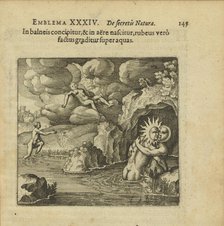 Emblem 34. He is conceived in a water bath and born in the air, but when he turns..., 1816. Creator: Merian, Matthäus, the Elder (1593-1650).