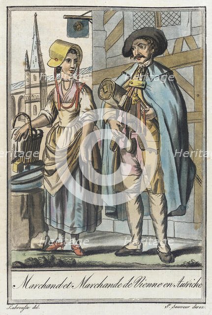Costumes de Différents Pays, 'Marchand et Marchande de Vienne en Autriche', c1797. Creators: Jacques Grasset de Saint-Sauveur, LF Labrousse.