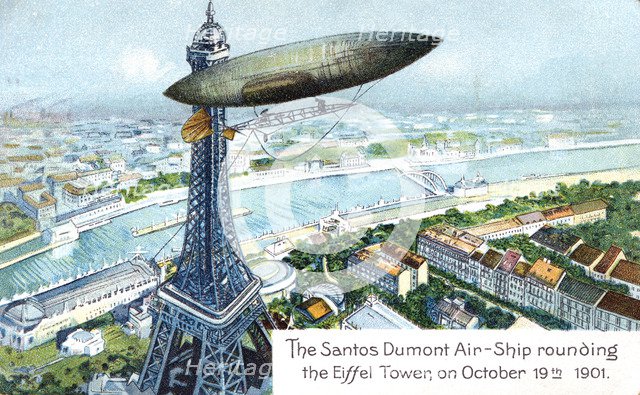 'The Santos Dumont Air-ship rounding the Eiffel Tower, on October 19th 1901', (c1910). Artist: Unknown